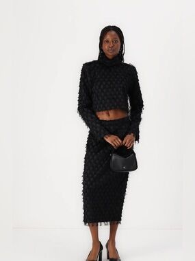 Day Birger et Mikkelsen black Fringe Textured Midi Pencil evening Coctail skirt